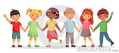 Happy kids team. Multinational childrens, school girls and boys stand together holding hands isolated vector Vector Illustration