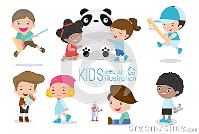 Happy kids with toys, children play with toys, cute kids playing with toys, child with toys,kids at playground on white background Vector Illustration