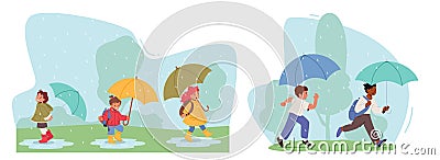Happy Kids Walk under Umbrella, Little Boys and Girls Characters in Warm Clothes with Backpack Walking by Puddles Vector Illustration