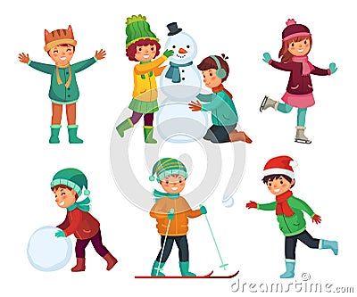 Happy kids winter activities. Children playing with snow. Cartoon kid characters in winters hats vector collection Vector Illustration