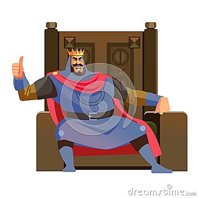 Happy King. Cartoon king sits on throne and gives thumbs up while smiling, cartoon vector illustration isolated in white Vector Illustration