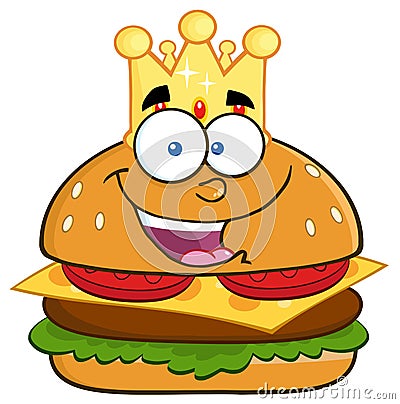 Happy King Hamburger Cartoon Character With Gold Crown Vector Illustration