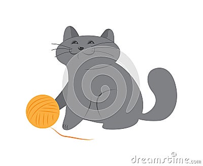 Happy kitten with a ball of wool Vector Illustration