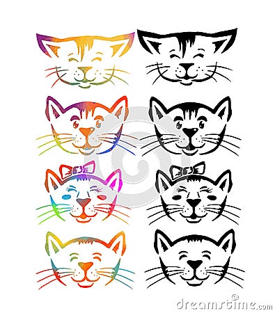 happy kitten set. Cheerful colored face of a cat. Vector illustration Vector Illustration