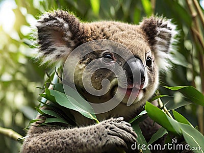 Happy koala bear eating bamboo leaves in forest, generative ai Cartoon Illustration