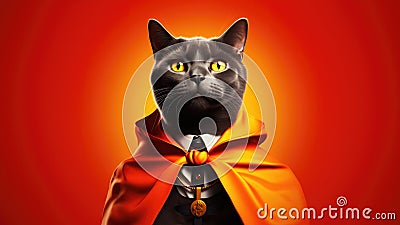 Happy Korat Cat Dressed As A Superhero On Orange Color Background Stock Photo