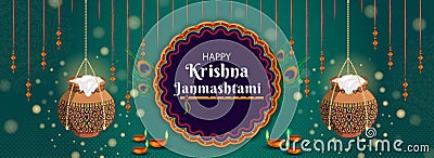 Happy Krishna Janmashtami background with matki, makhan, flute, peacock feathers. Dahi Handi Mandala Festival Poster. Greeting Vector Illustration