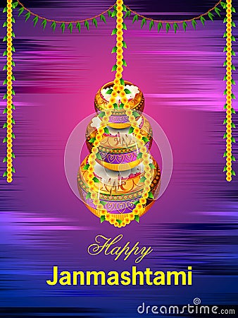 Happy Krishna Janmashtami background with pot of cream Dahi Handi Vector Illustration