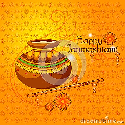 Happy Krishna Janmashtami background with pot of cream Dahi Handi Vector Illustration