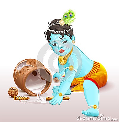 Happy Krishna Janmashtami. Blue boy god broke pot with yogurt Vector Illustration