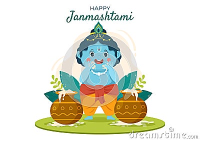 Happy Krishna Janmashtami festival of India with Bansuri and Flute, Dahi Handi and Peacock Feather in Cute Cartoon Illustration Vector Illustration