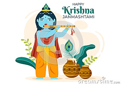 Happy Krishna Janmashtami festival of India with Bansuri and Flute, Dahi Handi and Peacock Feather in Cute Cartoon Illustration Vector Illustration