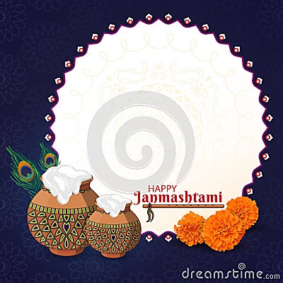 Happy Krishna Janmashtami Square Poster. Dahi Handi Festival Art. Image with Copy space. Makhan Matki, flute, peacock feathers. Vector Illustration