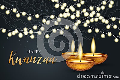 Happy Kwanzaa background design. Traditional holiday concept. Garland, black backdrop, and golden lettering. Vector Illustration