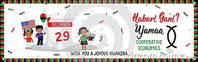 Happy Kwanzaa banner. Congratulations on the fourth day of Kwanzaa. Questions in Swahili: How are you. Traditional greetings Vector Illustration