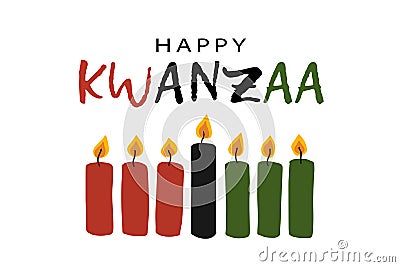 Happy Kwanzaa greeting card with text logo, seven candles in traditional African colors - red, black, green. Simple Vector Illustration