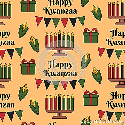 Happy Kwanzaa seamless pattern background in Modern flat style with Kinara candle holder, corn, gift box, text. Vector Vector Illustration