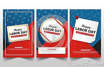 Happy Labor day american flag banner collections, labor day flyer brochure ads template set Vector Illustration