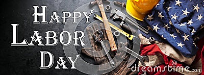 Happy Labor day background with construction and manufacturing tools with patriotic US, USA, American flag background Stock Photo