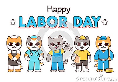 Happy Labor Day cute cat workers Vector Illustration