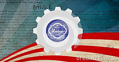 Happy labor day text over setting icon against american constitution text in background Stock Photo