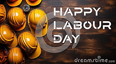 Happy Labour Day Banner - Wooden background with yellow construction helmets Stock Photo