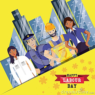 happy labour day with group of professionals Cartoon Illustration