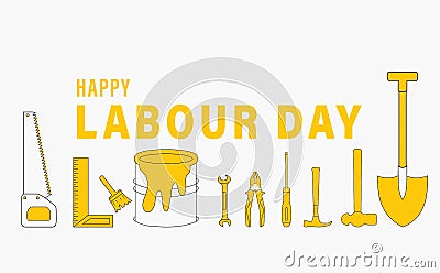 Happy Labour Day poster with different occupational tools such as hand hammer wrench saw and pliers Stock Photo