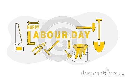Happy Labour Day poster with different occupational tools such as hand hammer wrench saw and pliers Vector Illustration
