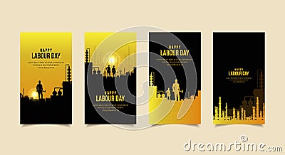 Happy Labour Day Vector with silhouette of workers and factory. International Labour day design Stories Collection. Labour day Vector Illustration