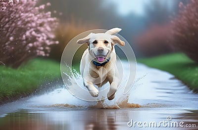 happy labrador running through puddles Stock Photo