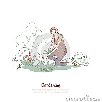 Happy lady working in garden, female gardener in apron, plant care, horticulture chores, agriculture, gardening banner Vector Illustration