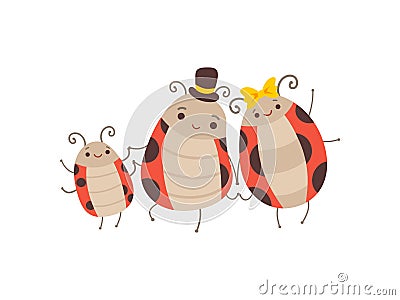 Happy Ladybug Family, Cheerful Mother, Father Ladybugs and Their Baby, Cute Cartoon Insects Characters Vector Vector Illustration