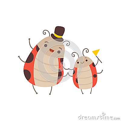 Happy Ladybug Family, Manly Father Ladybug with Top Hat on His Head and His Kid, Cute Cartoon Insects Characters Vector Vector Illustration