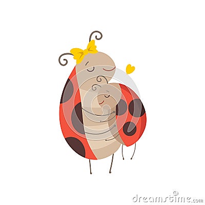 Happy Ladybug Family, Mother Ladybug Embracing Her Child, Cute Cartoon Flying Insects Characters Vector Illustration Vector Illustration
