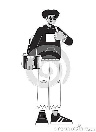 Happy latinamerican student with rucksack flat line black white vector character Vector Illustration
