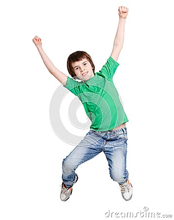 Happy laughing boy jumping on white isolated background Stock Photo