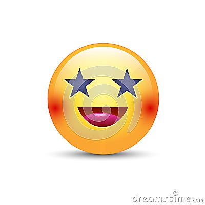 Happy laughing emoji face with eyes in the form of stars. Fun cartoon vector emoticon with smile. Cute yellow smiley for Vector Illustration