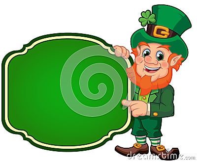 Happy Leprechaun Standing Beside a Sign Stock Photo