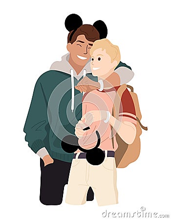 Happy LGBT couple on first date in amusement park. Manifestation of male international love by guys in public place Vector Illustration