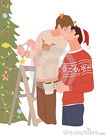 Happy LGBT family decorates the Christmas tree. Two men are hanging toys in the house on isolated white background. A Vector Illustration