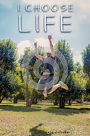 Happy Lifestyle, Choose Life Text, Jump to Sky Stock Photo