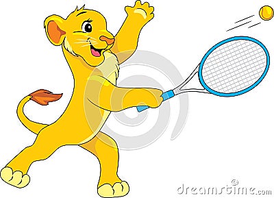 Happy lion cub plays tennis Vector Illustration