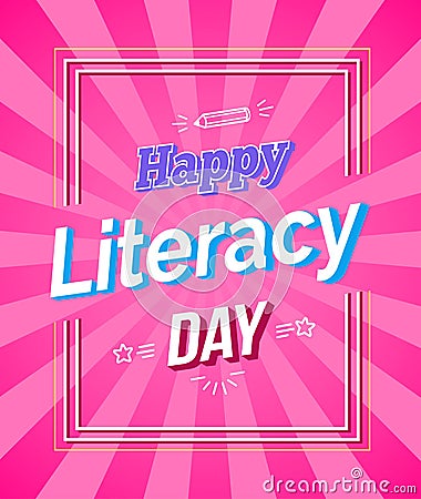 Happy Literacy Day Colored Framed Poster Vector Illustration