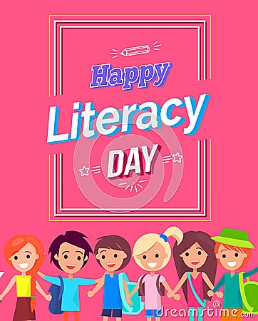 Happy Literacy Day Colorful Bright Postcard Vector Illustration