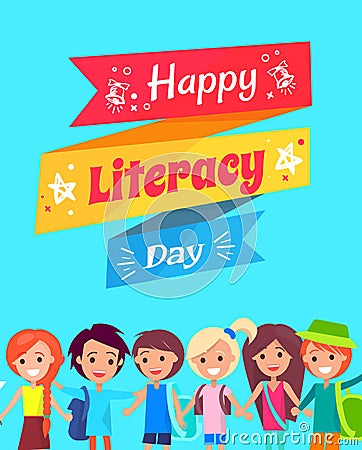 Happy Literacy Day Congratulation Postcard Vector Illustration