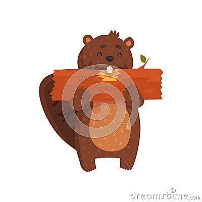 Happy little beaver eating piece of wood. Cartoon character Vector Illustration