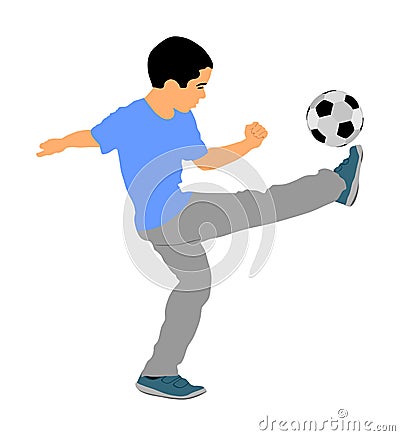 Happy little boy with ball vector illustration isolated on white background. Kid playing with ball favorite toy. Soccer junior. Cartoon Illustration