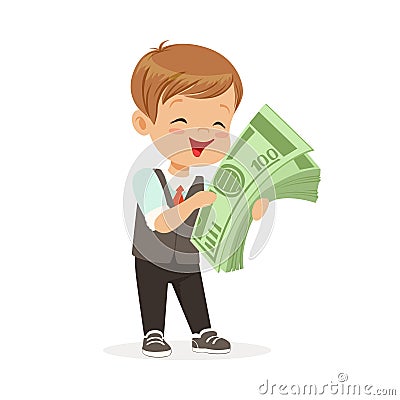 Happy little boy businessman holding a stack of money, kids savings and finance, richness of childhood vector Vector Illustration