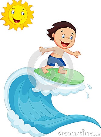 Happy little boy cartoon surfing Vector Illustration